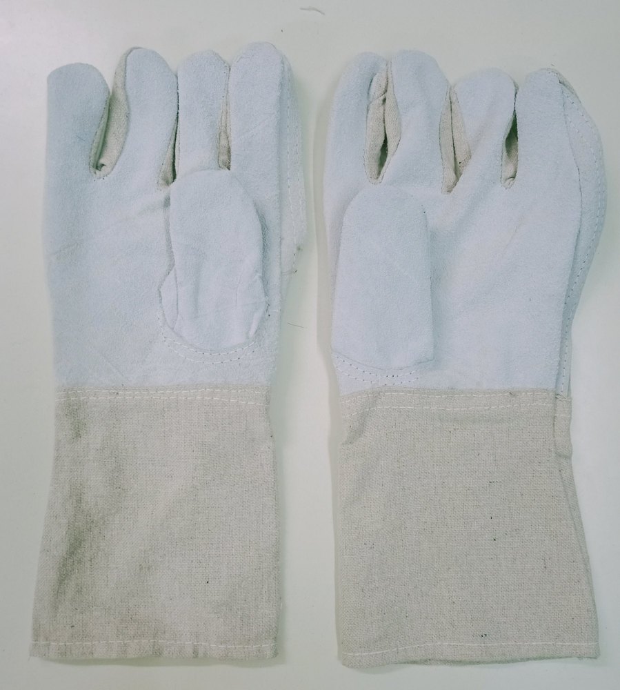 White Plain Leather Cum Canvas Hand Gloves, Size: 13-14