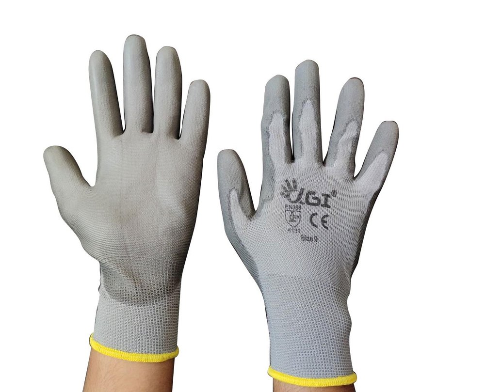 Gray Grey PU Coated Rubber Safety Hand Gloves, For Industrial, Size: Large
