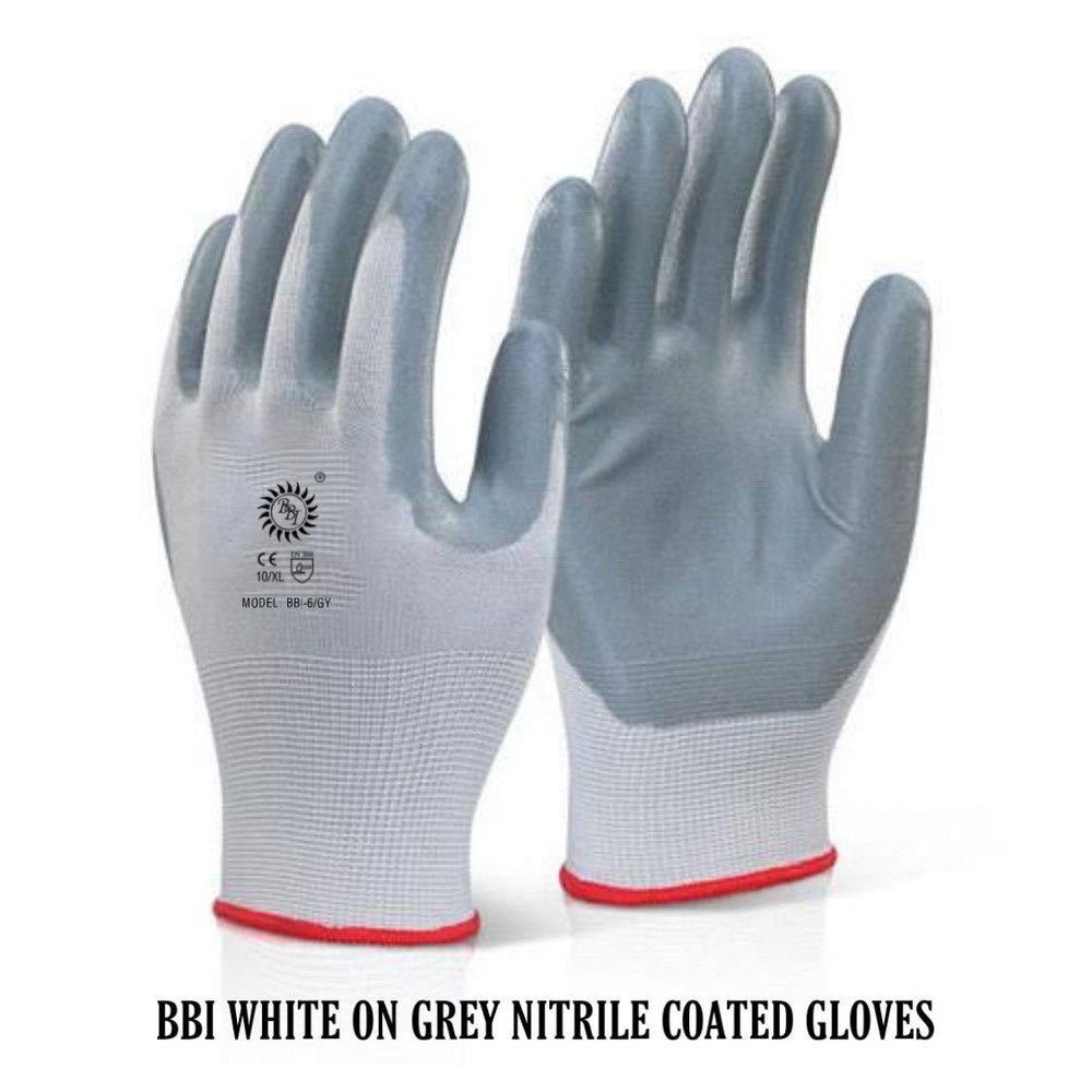 Gray Cotton Notrile Coated White Grey PU Coated Gloves, Size: Free size