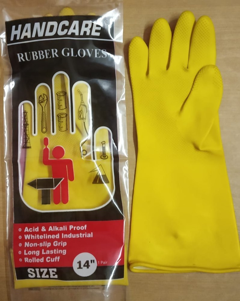 Yellow Hand Care Acid Resistant Rubber Gloves, Size: Free Size