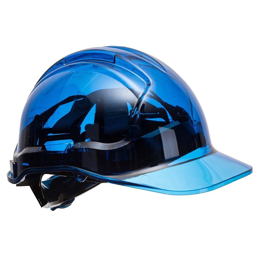 Portwest PV64 Peak View Protective Hivis Translucent Ratchet Work Hard Hat ANSI, Blue