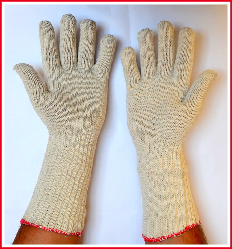 Unisex Off White, Blue SS & WW Make Long Cotton Knitted Safety Gloves