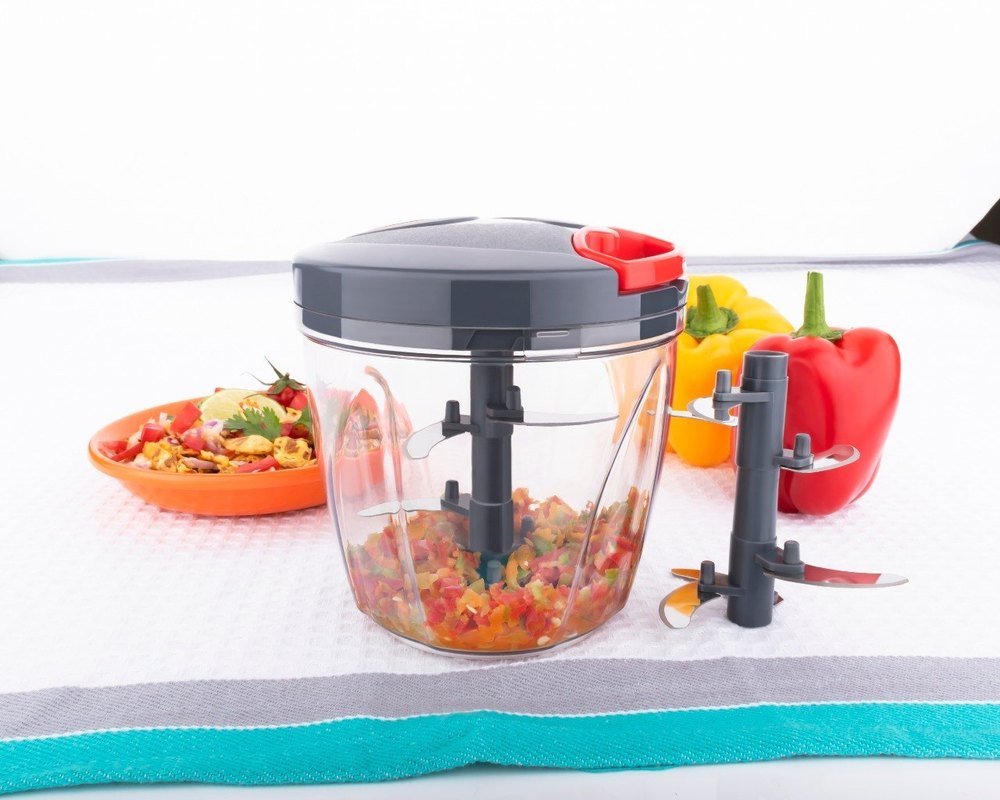 Black+Red and Green Manual 900ml Plastic Chopper, For Kitchen