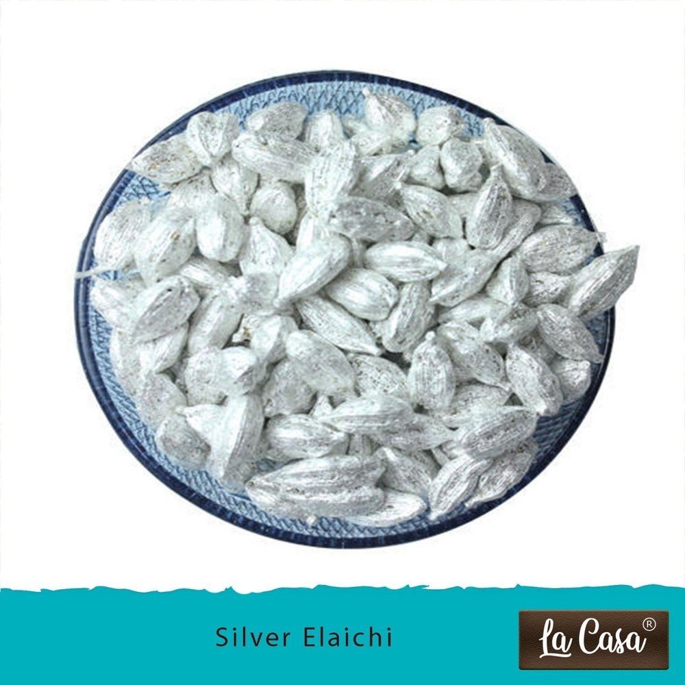 Menthol Spice Silver Leaf Coated Cardamom (Silver Elaichi) 8mm, For Mouth Freshner, Whole