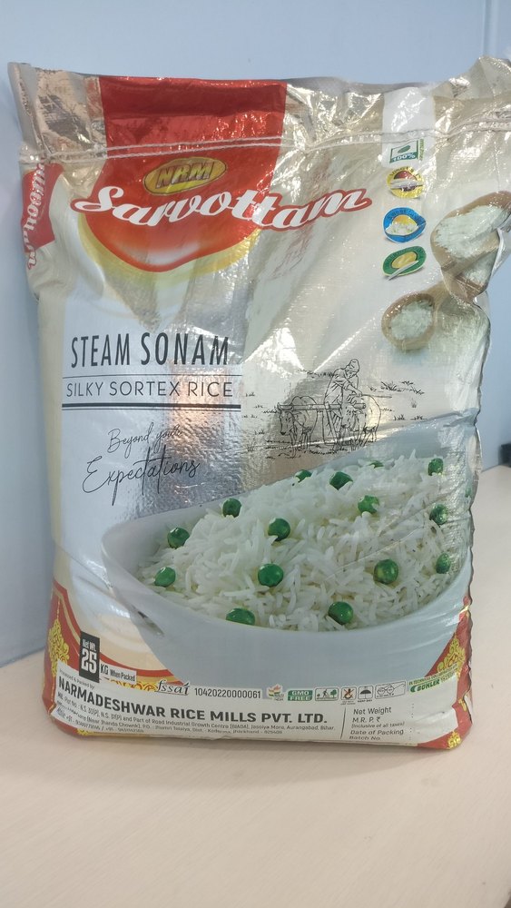 White Sarvottam Sonam Steam Silky Sortex Rice, Packaging Type: PP Bag