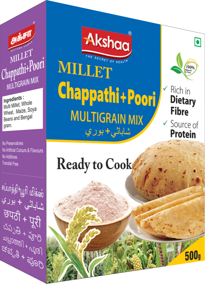 Indian Vegetarian Akshaa Chappathi Poori Multigrain Mix, 500gm, Packaging Type: Box