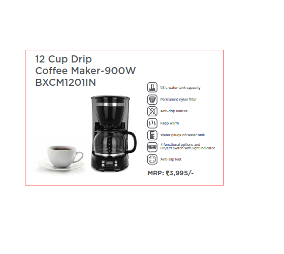12 Cup Drip Coffee Maker-900W BXCM1201IN BLACK + DECKER