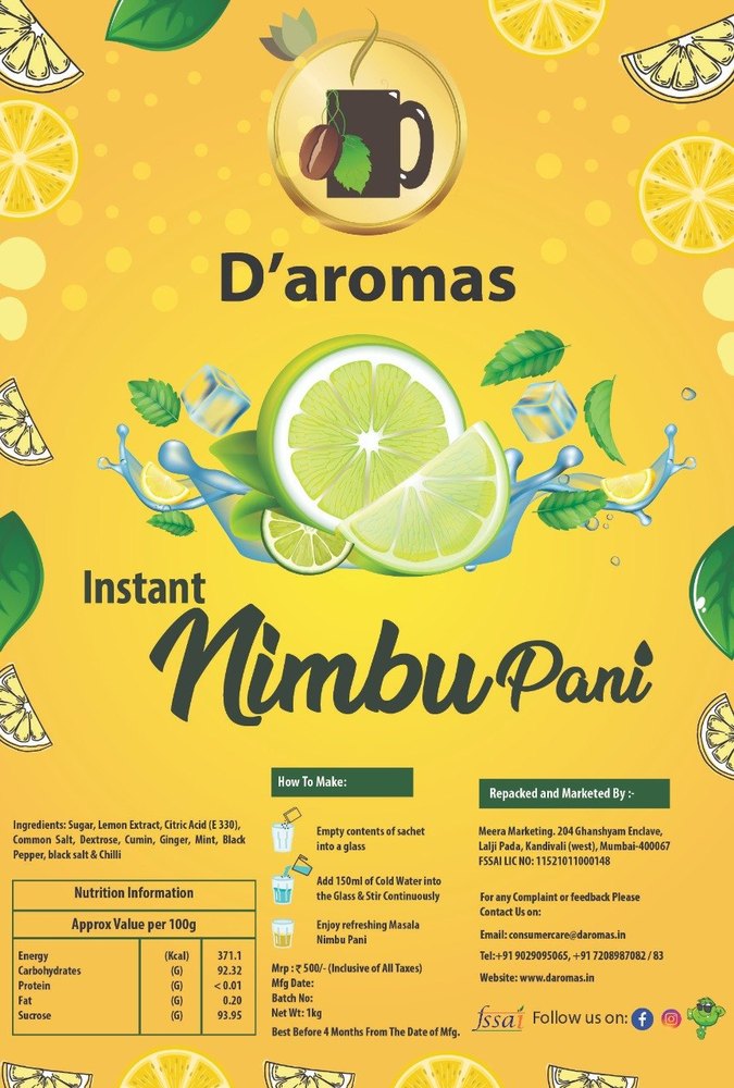D\'aromas Lemon Instant Nimbu Pani, Packaging Type: 1kg