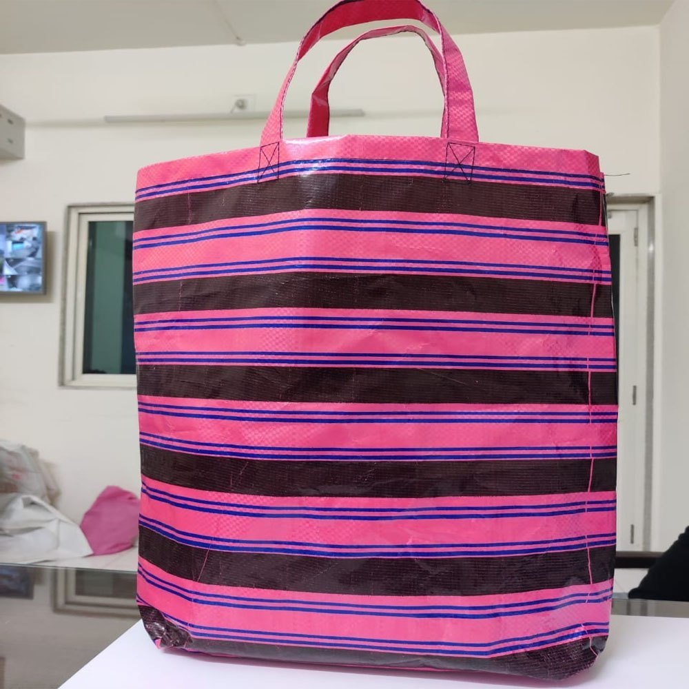 Pink And Black Loop Handle Woven Bag