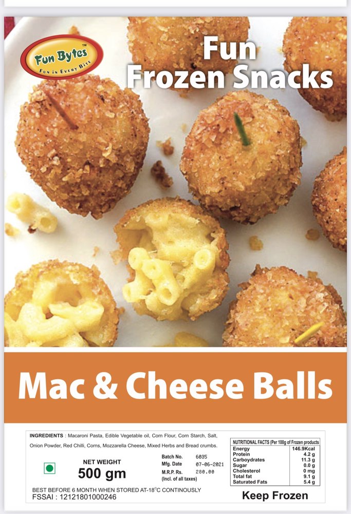 Funbytes Frozen Snacks Mac & Cheese Balls, Packaging Type: Tray Packaging, Packaging Size: 500 Gm