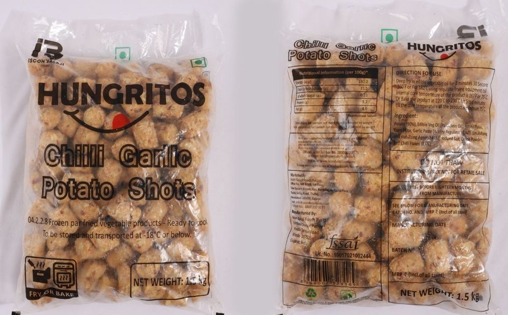 Frozen Deep Fry Chilli Garlic Potato Shots 1.5kg, Packaging Type: Pouch
