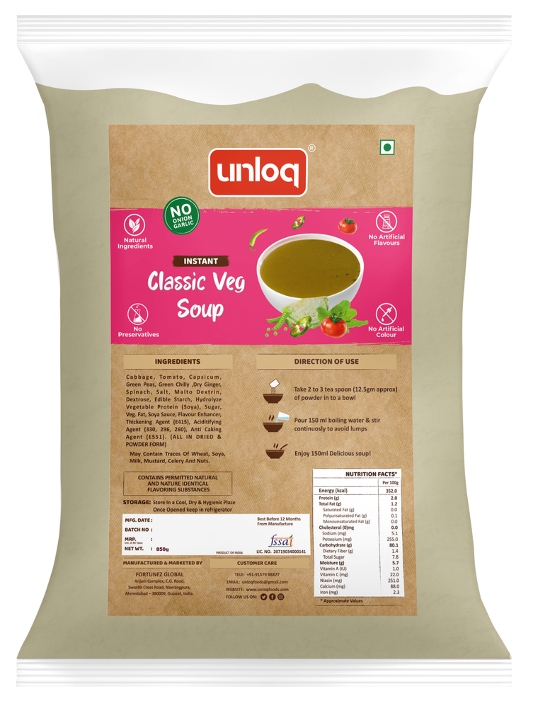 Unloq Green Jain Instant Classic Veg Soup, 1kg Pack, Serve 80 Bowls, Packaging Size: 1 KG Polyliner Bag