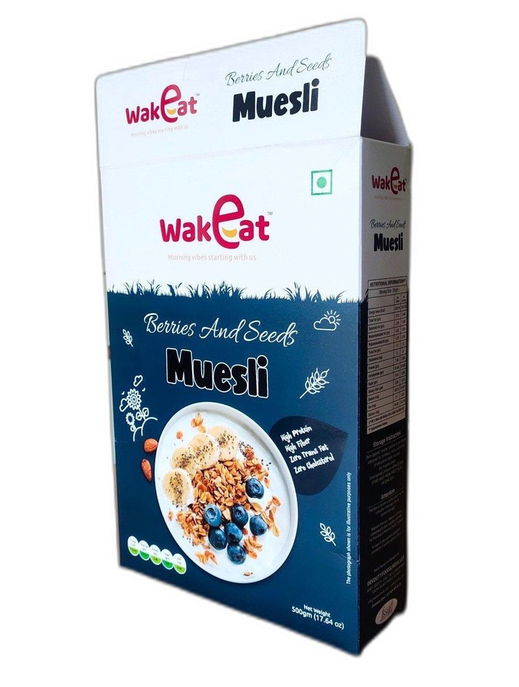 Cardboard Blue And White Muesli Packaging Box, Capacity: 500g, Size: 140X190X90 mm