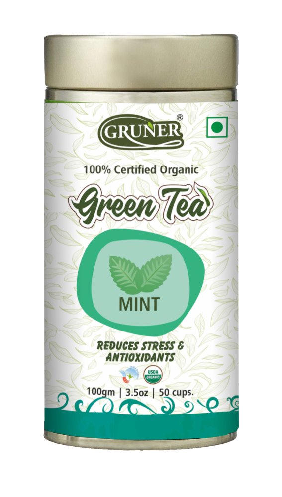 Gruner Organic Mint Flavor Green Tea, Packaging Type: Can (Tinned), Packaging Size: 100 Gm
