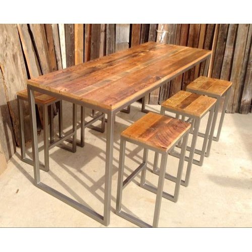 Polished Silver Acacia Wooden And Iron Table Set For Cafe