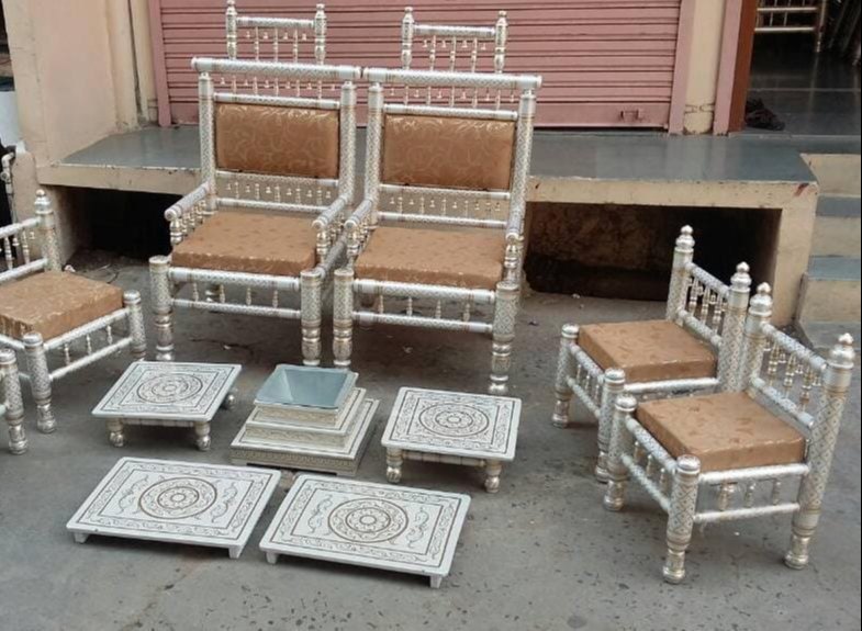 White Wooden Sankheda Vidhi Mandap Furniture Set