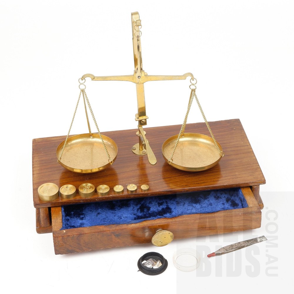 Antique Balance Scale W/ Wood Drawer, Weights Set - Gold Mining/Jewelry
