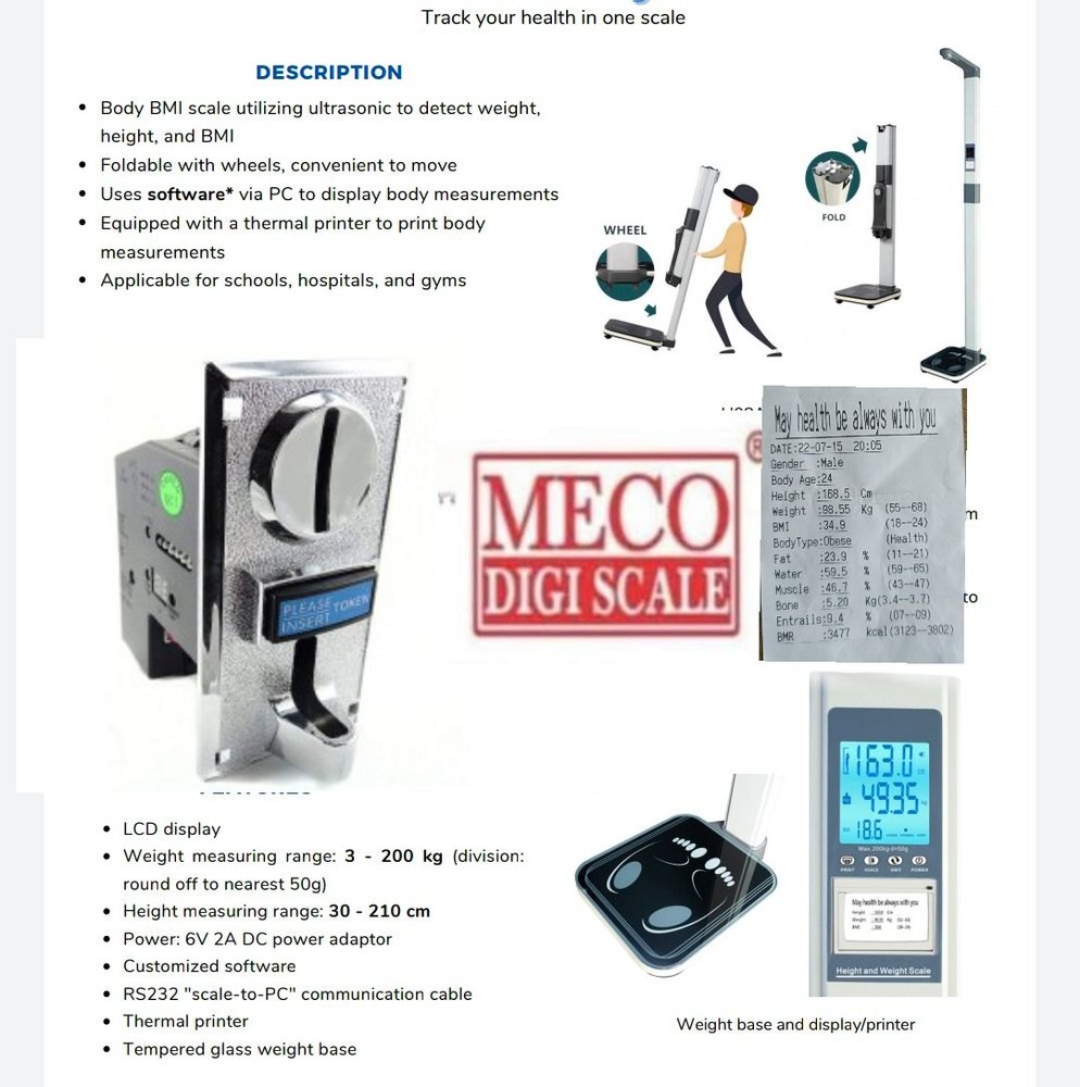 Digital Height weight scale coin operated bmi commercial, Weighing Capacity: 200kg, 100g