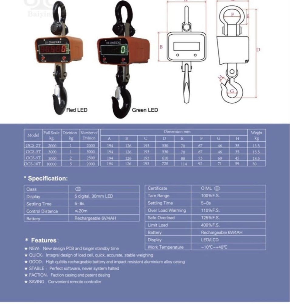 Ace Die Cast Body Digital Crane Scale 5 Ton, For Railway Siding, Max Load Capacity: 5000 KG