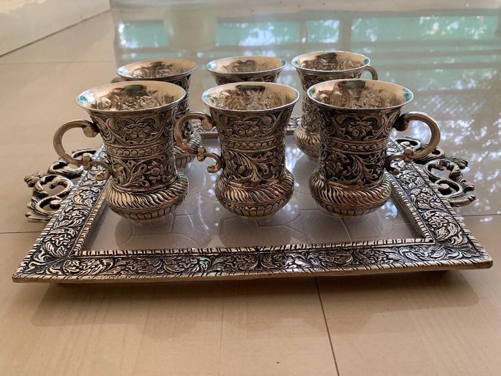 Polished German Silver Fine Carved Mug Tray Set