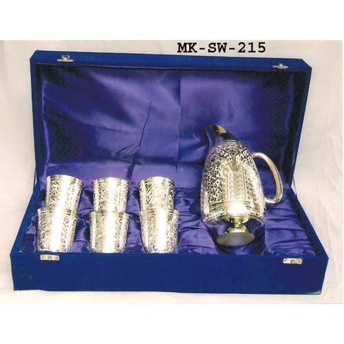 MKI Brass Silver Finish Jug & Glasses Set, 6 Glasses & 1 Jug