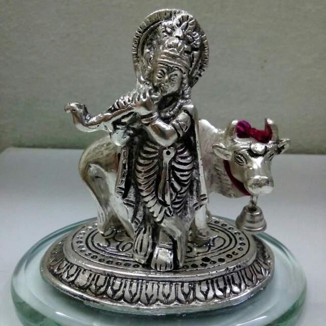 Silver Plated Krishna With Cow Showpice For Return Gifts, Corrugated Box