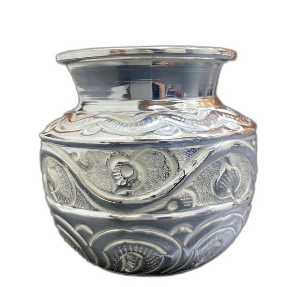 Glossy Floral Printed Silver Nakshi Kalash, Size: 7inch