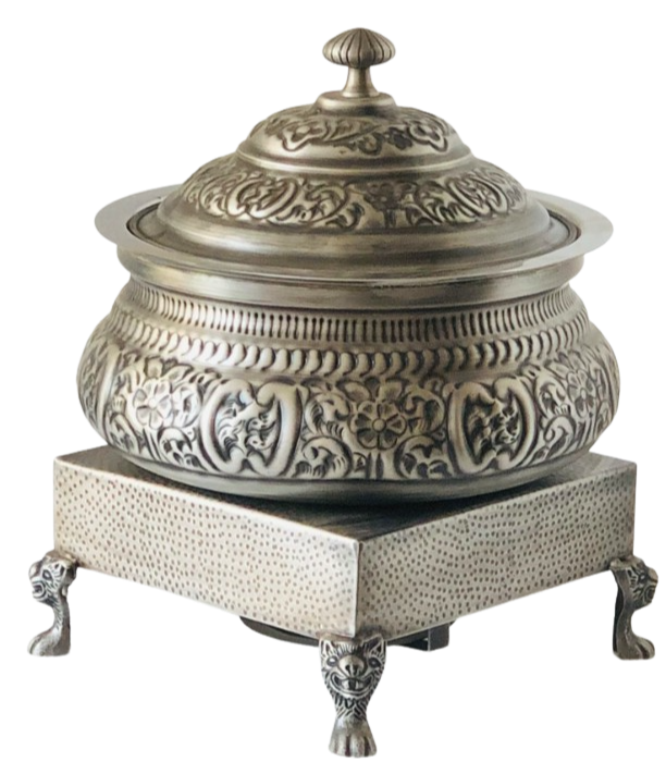 Metal Kraft Antique Smokey Silver Embossed Hyatta Handi with Heritage Chowki