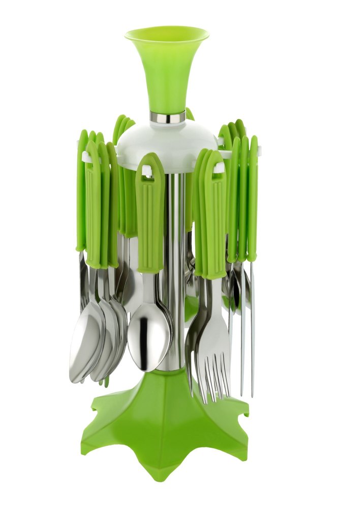 Plastic And Steel Green Color Cutlery Set, Designer Shape