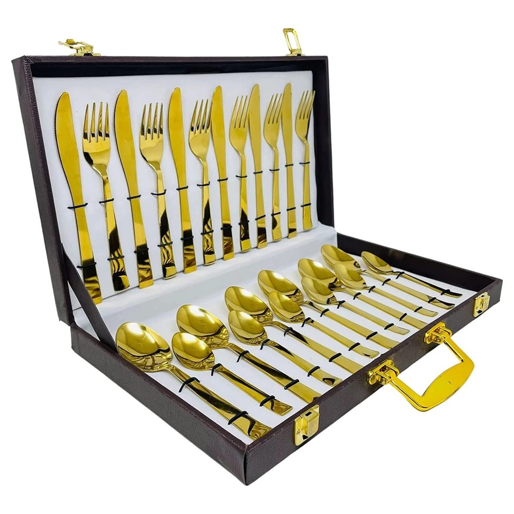 24 Oval Stainless Steel Gold Plain Cutlery Set with Leather Box, For Home