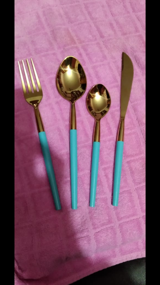 Stainless Steel Sky Blue And Gold Finish SBnG cutleru set, Cylindrical