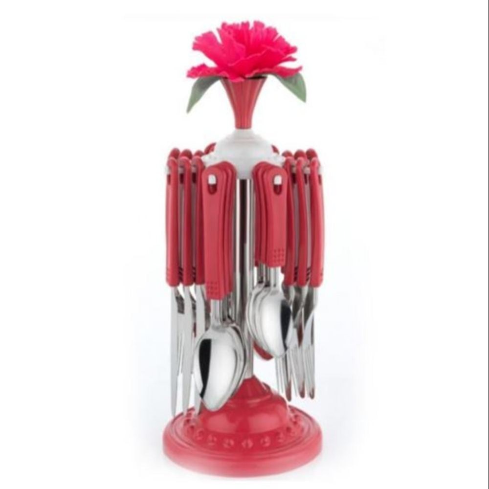 Stainless Steel 24 Pieces Pink Cutlery Set with Stand Holder for Spoon and For
