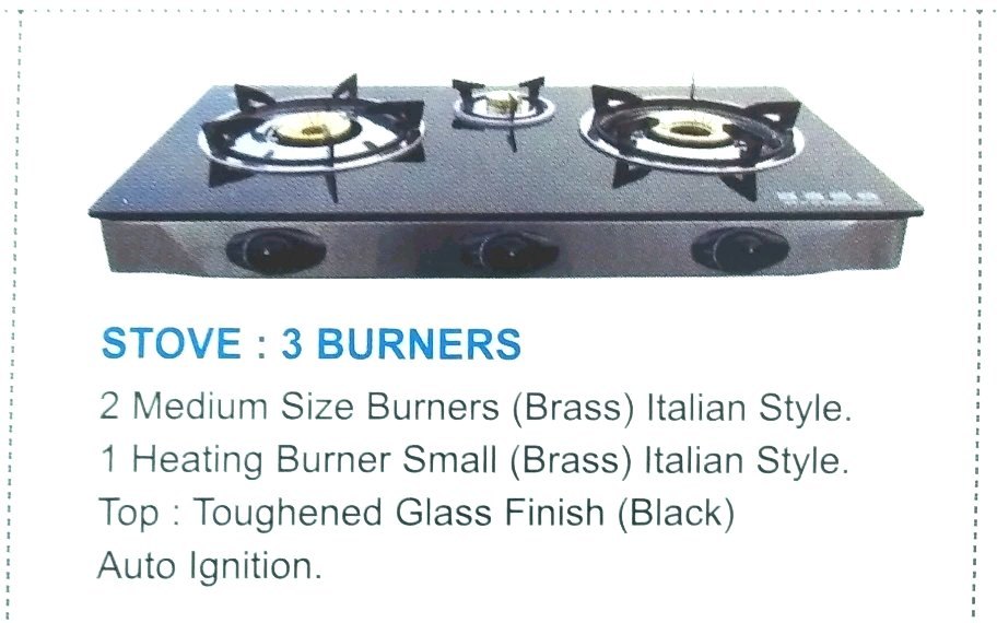 3 Burner Glass Top Gas Stove, Stainless Steel Body, Manual Ignition, For Kitchen
