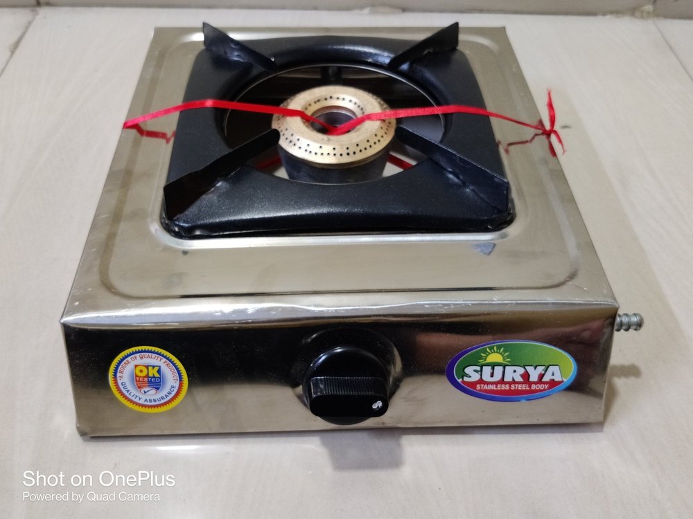 Surya LPG Single Burner Gas Stove, Manual Ignition, Stainless Steel Body