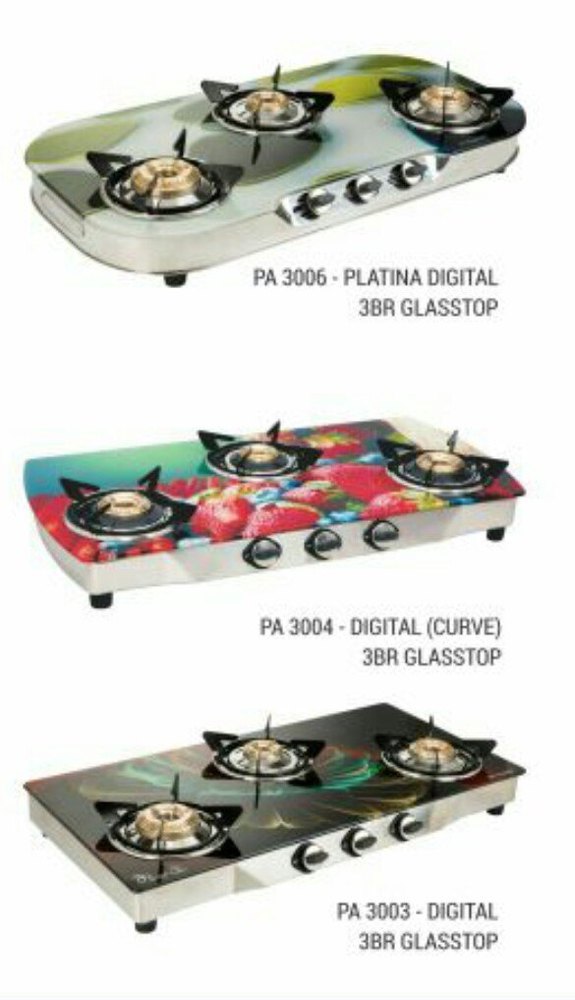 Lpg Three Burner Glass Top Gas Stove, Stainless Steel Body, Manual Ignition, For Kitchen