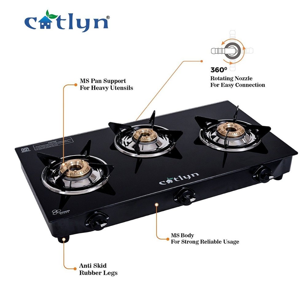 Glass Top 3 Burner Gas Stove For Kitchen