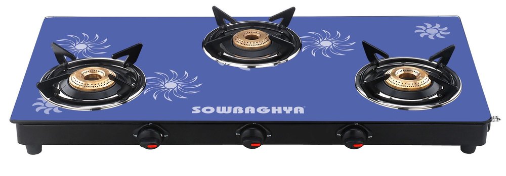 3 Burner Glass Top Gas Stove, Stainless Steel Body, Manual Ignition, For Kitchen