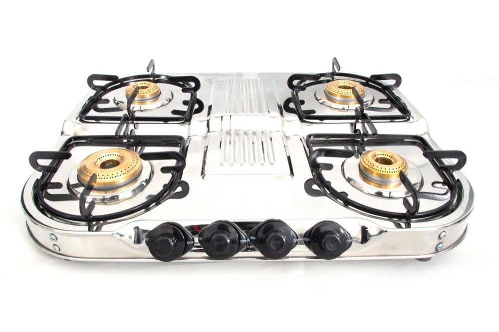 LPG Four Burner Gas Stove, Manual Ignition, Stainless Steel Body, For Kitchen