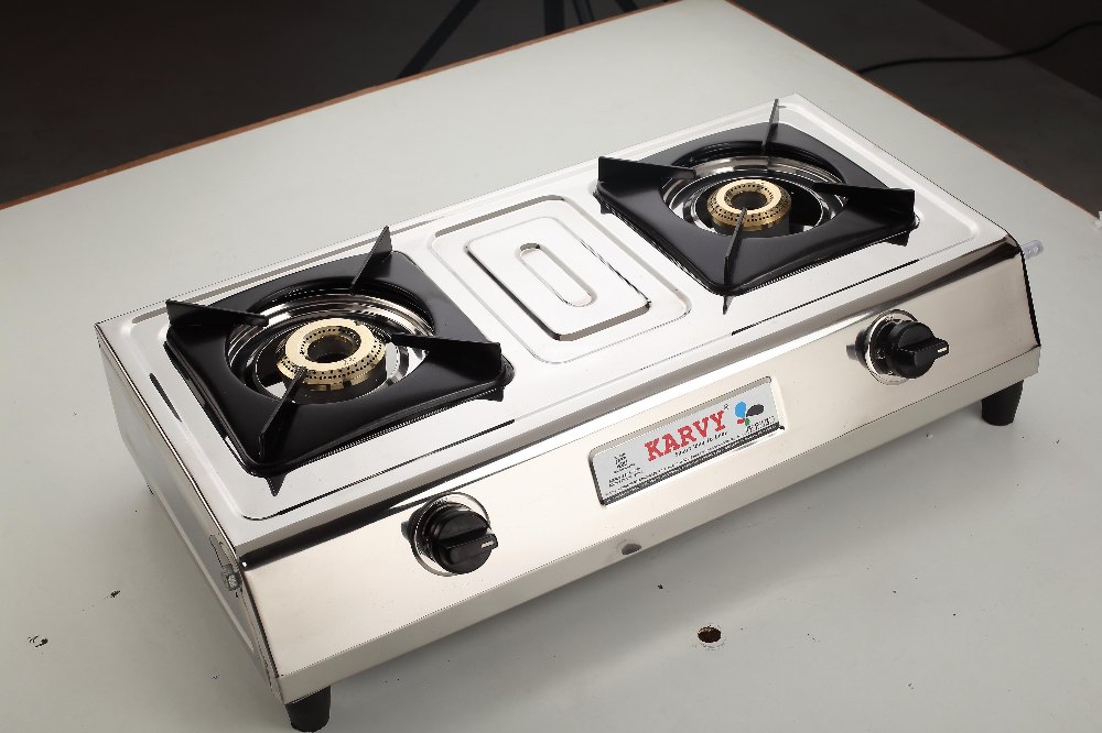 LPG Two Burner Biogas Stove, Manual Ignition, Stainless Steel Body
