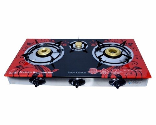 LPG Three Burner Gas Stove, Automatic Ignition, Toughened Glass Top Material