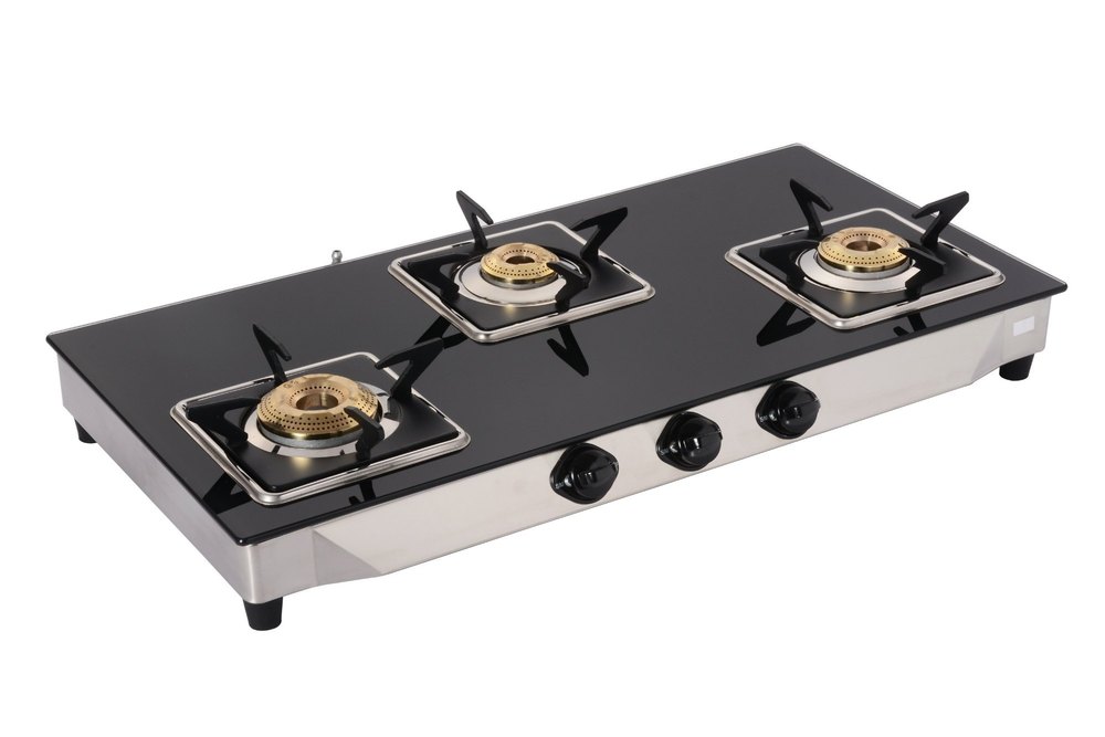 3 Burner LPG Stove, Manual Ignition, Toughened Glass Top Material