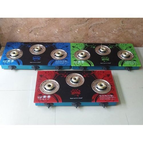 Black stainlees steel Surya Crystal Three Burner Gas Stove, Size/Dimension: Custom
