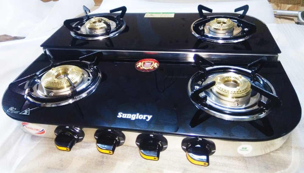 Toughened Glass SUNGLORY Four Burner Gas Stove DOUBLE DECKAR