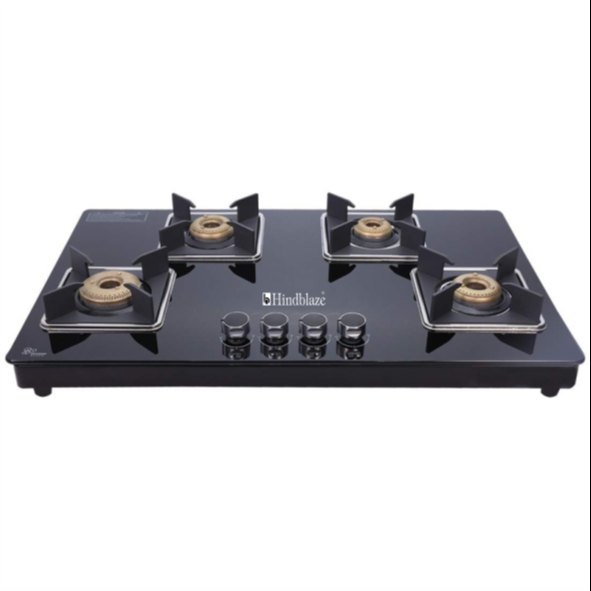 Hindblaze Soul 4B Bk Toughened Glass Brass Burner Hob Top, For Kitchen, Dimension: 78x50x13