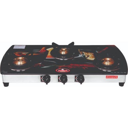 3 Black Glass Top Gas Stove, For Kitchen, Size: 3x2feet