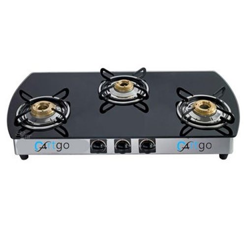 Black Lpg Three Burner Glass Top Gas Stove, Stainless Steel Body, Manual Ignition, For Kitchen
