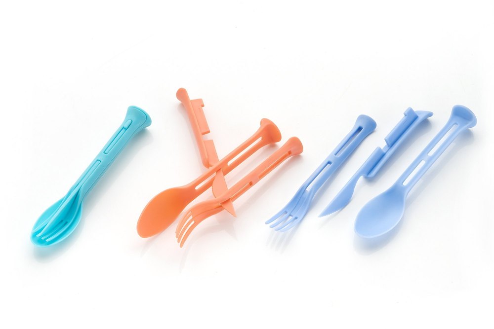 Plastic Blue, Orange Travel Portable 3 In 1 Knife Fork Spoon Cutlery Set, Size: As The Picture Shows