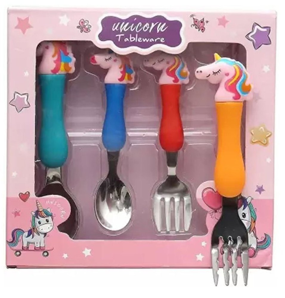 Plastic Multicolor Unicorn Fork And Spoon Set, For Kids, Size: 7.5 Inch