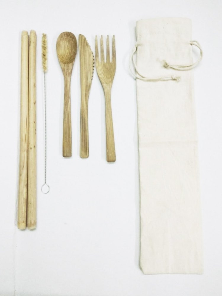 6 Brown Reusable Bamboo Cutlery Kit, For Events