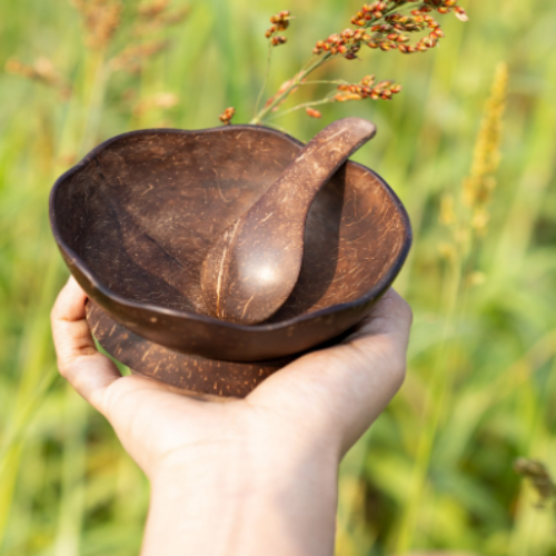 Brown Coconut Shell Bowl And Spoon, For Home, Size: 5 Inch
